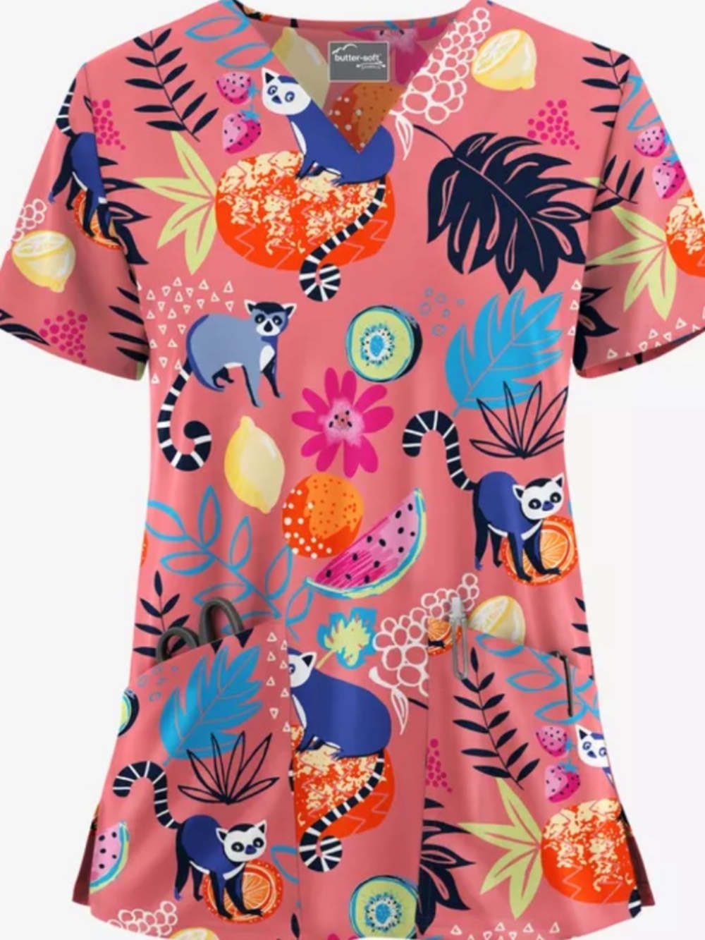 Butter-Soft STRETCH Lemur Land Rouge Rose Women's 2-Pocket V-Neck  Scrub Top